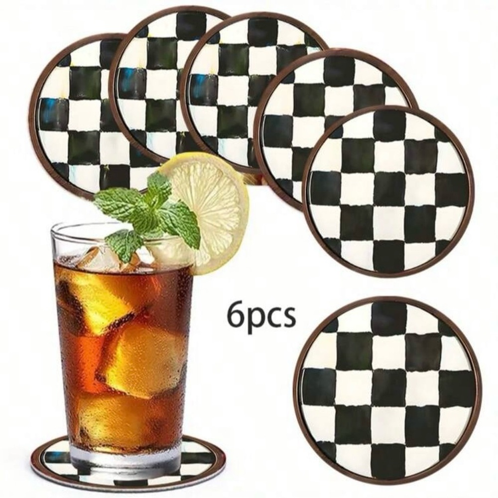 Set of 6 Checkered Ceramic Coaster Set - Black and White, Contemporary, Wood - Picture 3 of 7